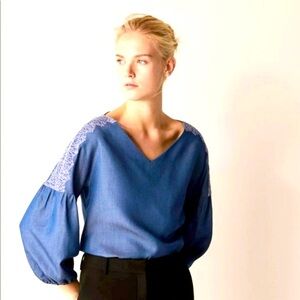 NWOT MASSIMO DUTTI Sz 8 Blue Chambray Lace Balloon Drop Sleeve Blouse Top Denim